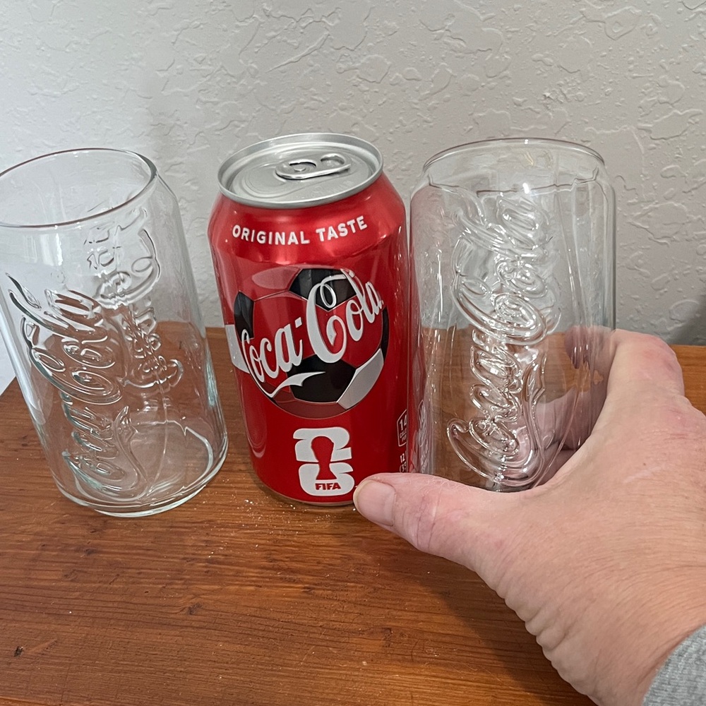 Coca Cola VTG Clear Embossed Logo Glasses with Red Coca-Cola Can Accent 12 Oz